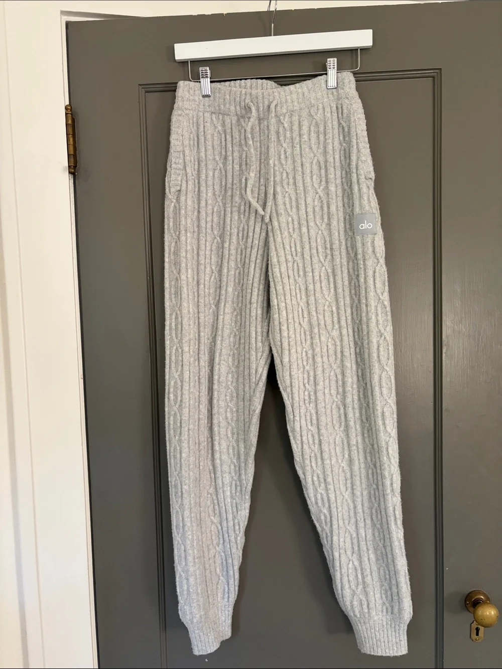 alo cable knit winter bliss pant - heather gray size xs